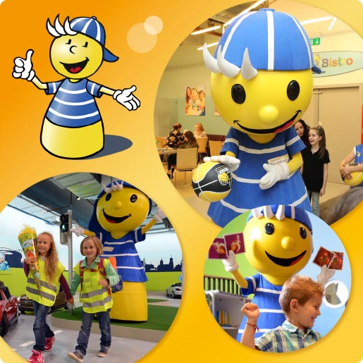 Bildercollage Maskottchen Ravo in der Ravensburger Kinderwelt